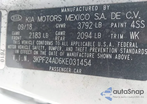 2019 Kia Forte Lxs from USA, damaged, VIN 3KPF24AD6KE031454